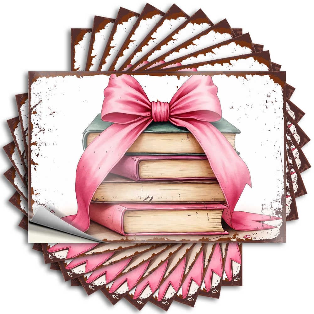 Bumper Great Outdoor Porch Decor Helmet Stacked Books with Pink Ribbon Bow - No Residue Decals for Motorcycle(6X9CM)