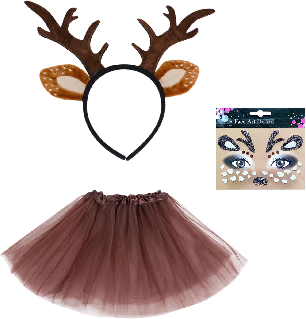 3 Pieces Deer Antler Costume Animal Headband Reindeer Christmas Stickers Tattoo Visag Tutu Headband Deer Ears for Child Girl Cosplay Halloween