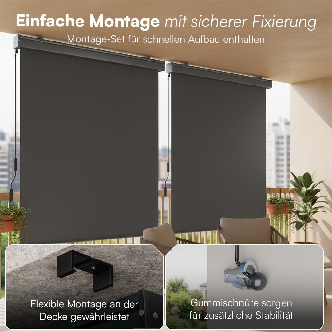 STEELSØN Azurian Senkrechtmarkise außen – Sichtschutz Balkon 200x250 cm – Außenrollo mit Handkurbel Anthrazit – Balkonmarkise als Windschutz, Sonnenschutz – Vertikalmarkise wetterfest inkl. Montageset