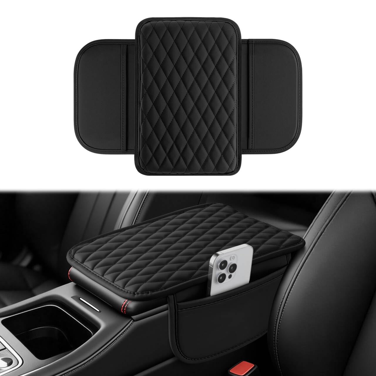 Photo 1 of Amiss Car Center Console Cover, Upgraded Leather Car Armrest Cushion with 2 Storage Pockets, Universal Waterproof Cushion Pad, Non-Slip Car Interior Accessories, Fits Most Sedans SUVs Trucks (Black)
