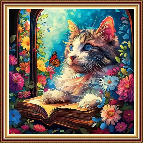 Image of Fanxvivy Stamped Counted Cross Stitch Kits for Adults Printed Cross-Stitch Patterns 11CT Stamped or Counted Cross Stitching Embroidery Kit Needlepoint Kits-Cat Reading 18x18 inch