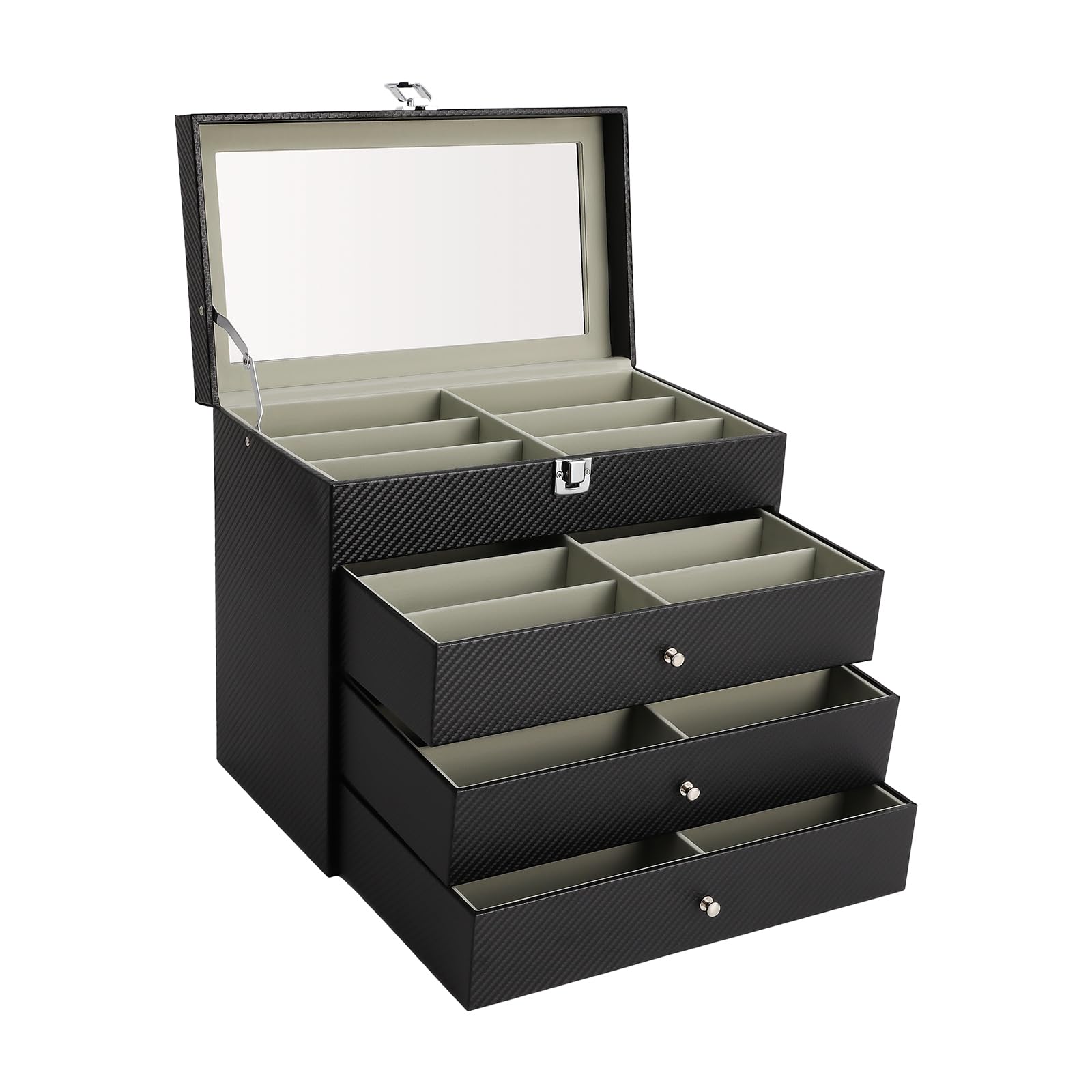Etui na okulary na 24 pary ze sztucznej skóry, organizer na okulary przeciwsłoneczne, 4 przegródki, czarny, etui na okulary dla wielu par, 33,5 x 19,2 x 29,7 cm