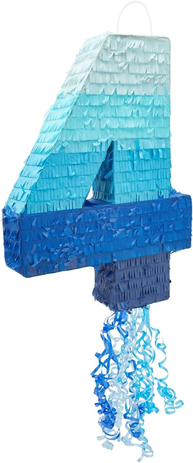 Ombre Blue Number 4 Pull String Pinata for Birthday Party (16.5 x 11.89 x 3 In)