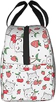 Vista 3 de Lonchera Kawaii con diseño de conejo y fresa para mujeres y hombres, bonita lonchera aislada con bolsillo frontal para trabajo, picnic y viajes