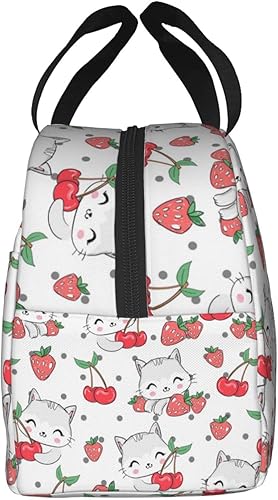 Miniatura 3 de Lonchera Kawaii con diseño de conejo y fresa para mujeres y hombres, bonita lonchera aislada con bolsillo frontal para trabajo, picnic y viajes