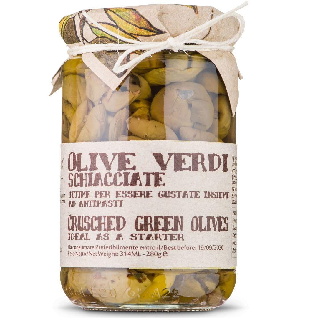 ARTIGIANI DEI SAPORI Italian Cracked Green Olives – Authentic Hand-Crushed Green Olives from Italy, Naturally Cured and Preserved in Olive Oil, Gourmet Mediterranean Appetizer, 9.8 oz (277 g), Product of Italy