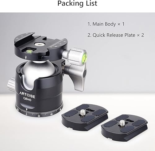 Miniatura 7 de Cabeza de trípode de cámara de perfil bajo con 2 placas de liberación rápida Arca de 1.575 in de aluminio 360 giratorio de cabeza de bola panorámica