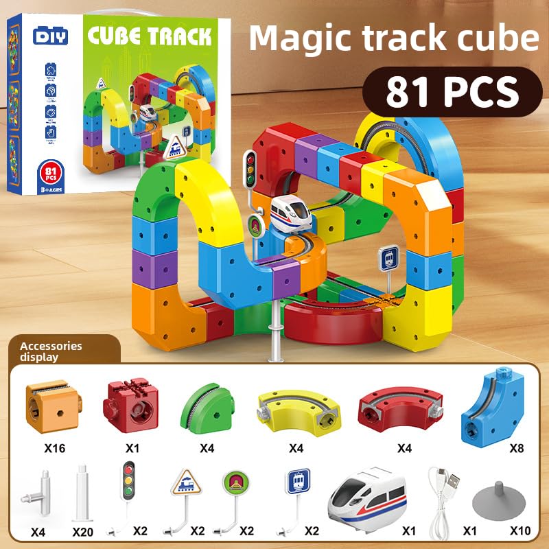 Image of Cable World Electric Train Set, 3D Infinity Track with Flexible Tracks for Kids, Cube Trackss Train- DIY Railroad Block Toys, 81 PCS Anti Gravity Race Tracksss with Car, STEM Educational Building Toy