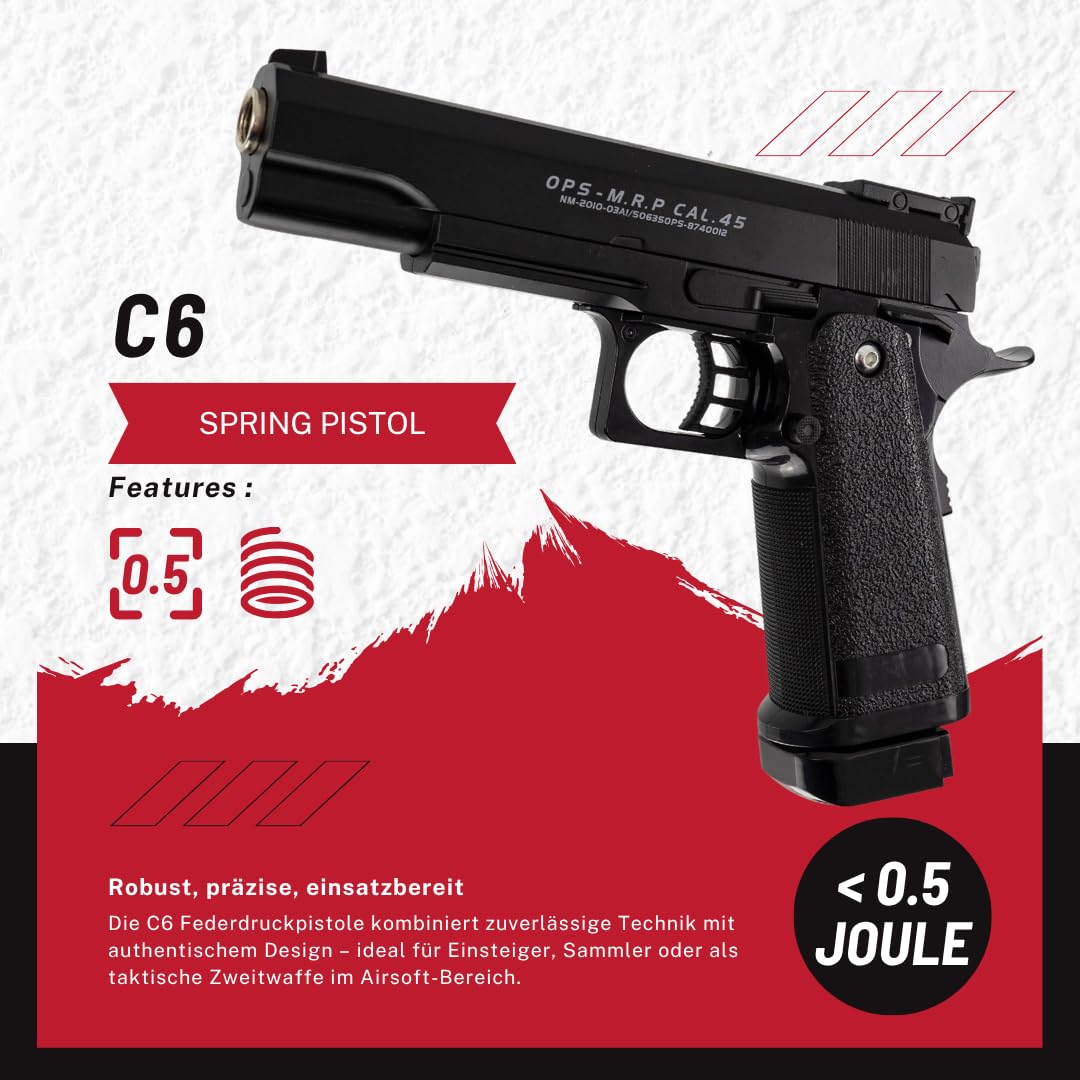 Softair Pistole Set C6 6mm Federdruck Vollmetall Airsoft ab 14 Jahren unter 0,5 Joule mit Magazin und 500 OpTacs BBS realistische Zweitwaffe Einsteiger Trainingspistole