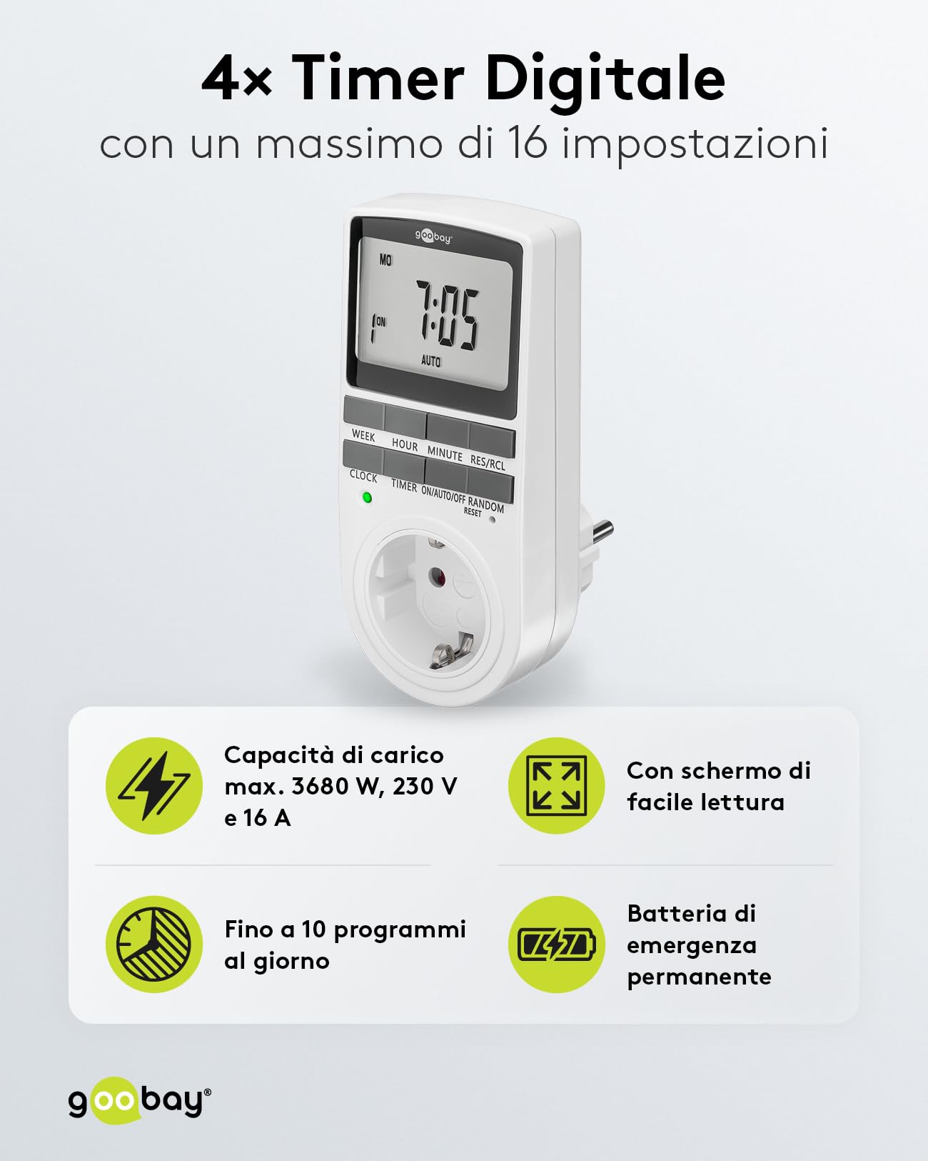 goobay - Set di 4 timer digitale con 16 programmi – Timer con modalità casuale per protezione anti-intrusione – Presa timer inclusa 100 giorni batteria back-up – 3680 W – 230 V (AC) – 16 A – 74217