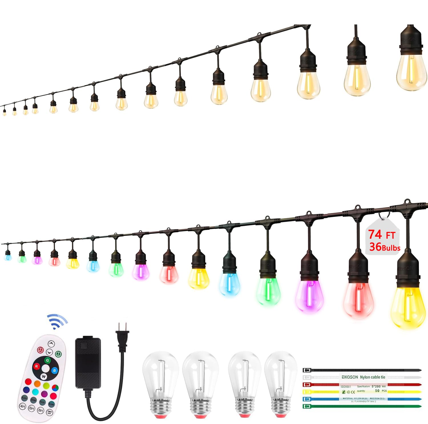 Photo 1 of ** MISSING REMOTE** EIKOSON 74FT Outdoor String Lights, Outdoor Lights for Patio,with 36+4 LED RGBW Color Change,3000K Bright White Waterproof Bulbs, Dimmer & Remote, Customized 12 Colors & 4 Modes, for Backyard Decor