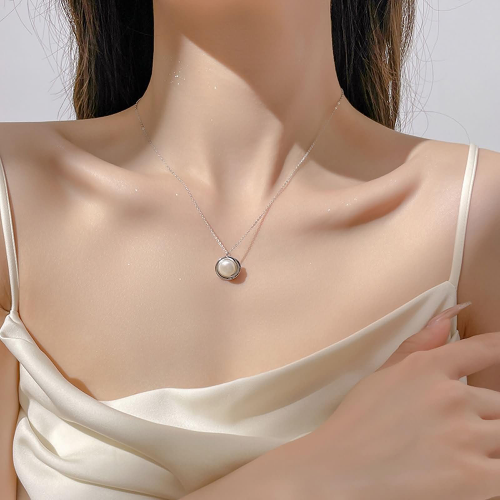 Collana Donna Oro Bianco 9K / 14K / 18K Catena, Perla 9MM, Collana Donna Argento