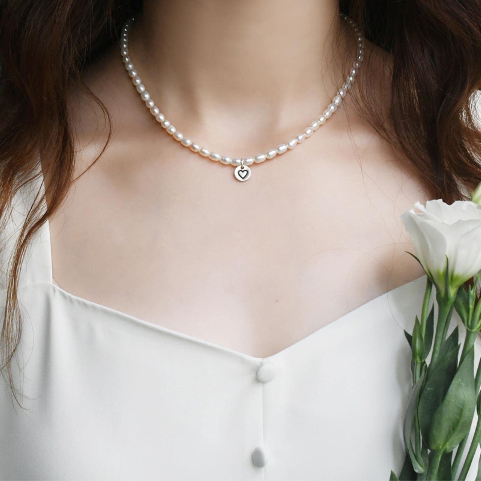 LOKILOKI Collar De Perlas De Agua Dulce Natural 925 Joyas De Corazón De Amor Pequeño De Plata Esterlina para Mujer Nuevo Regalo