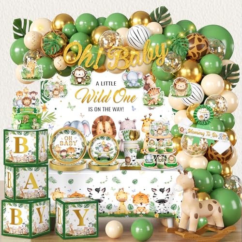 cocomigo 300PCS Safari Baby Shower Decorations 30 Safari Theme Tableware All-in-1 Pack Includes Backdrop Tablecloth Balloon Boxes Balloon Kit for Baby Shower Decorations Boy