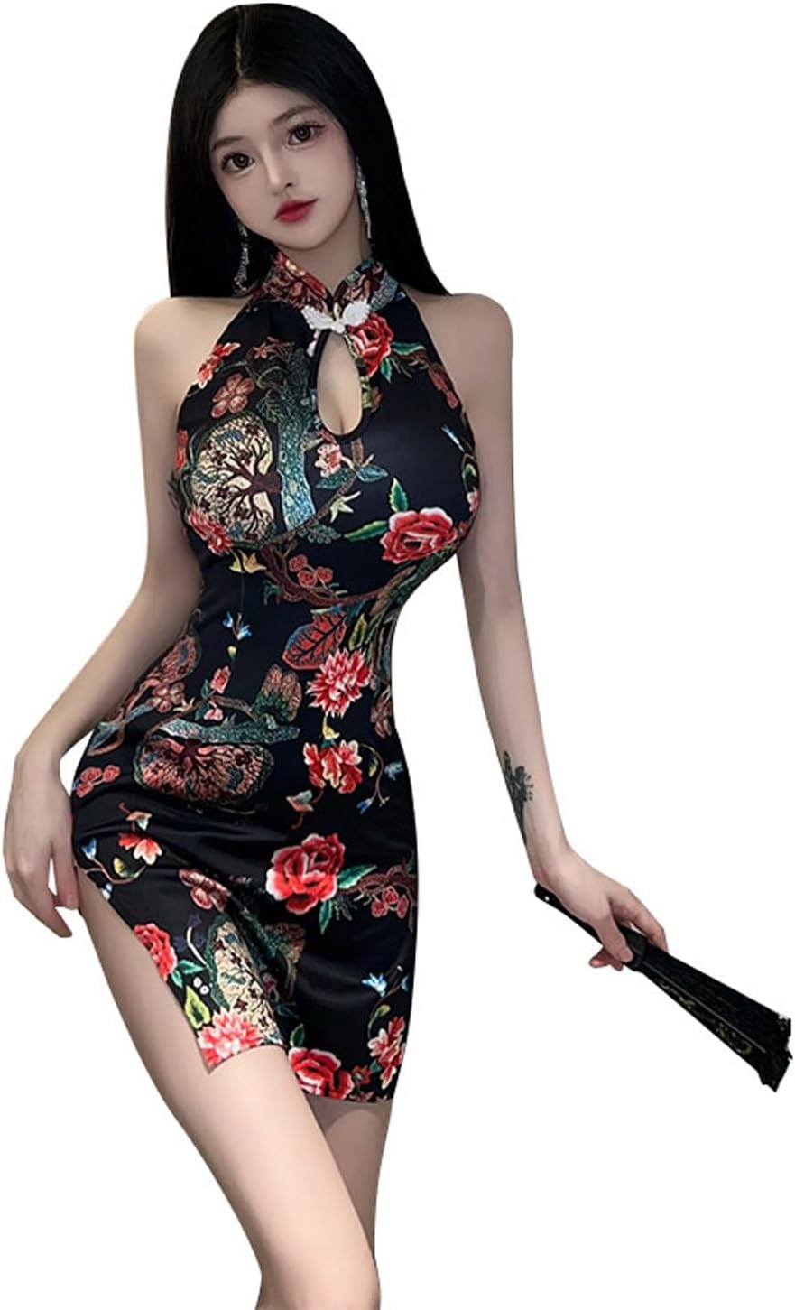 Women's Chinese Cheongsam Dress Anime Cosplay Lingerie Retro Print Qipao Mini Bodycon Costume Babydoll Outfit