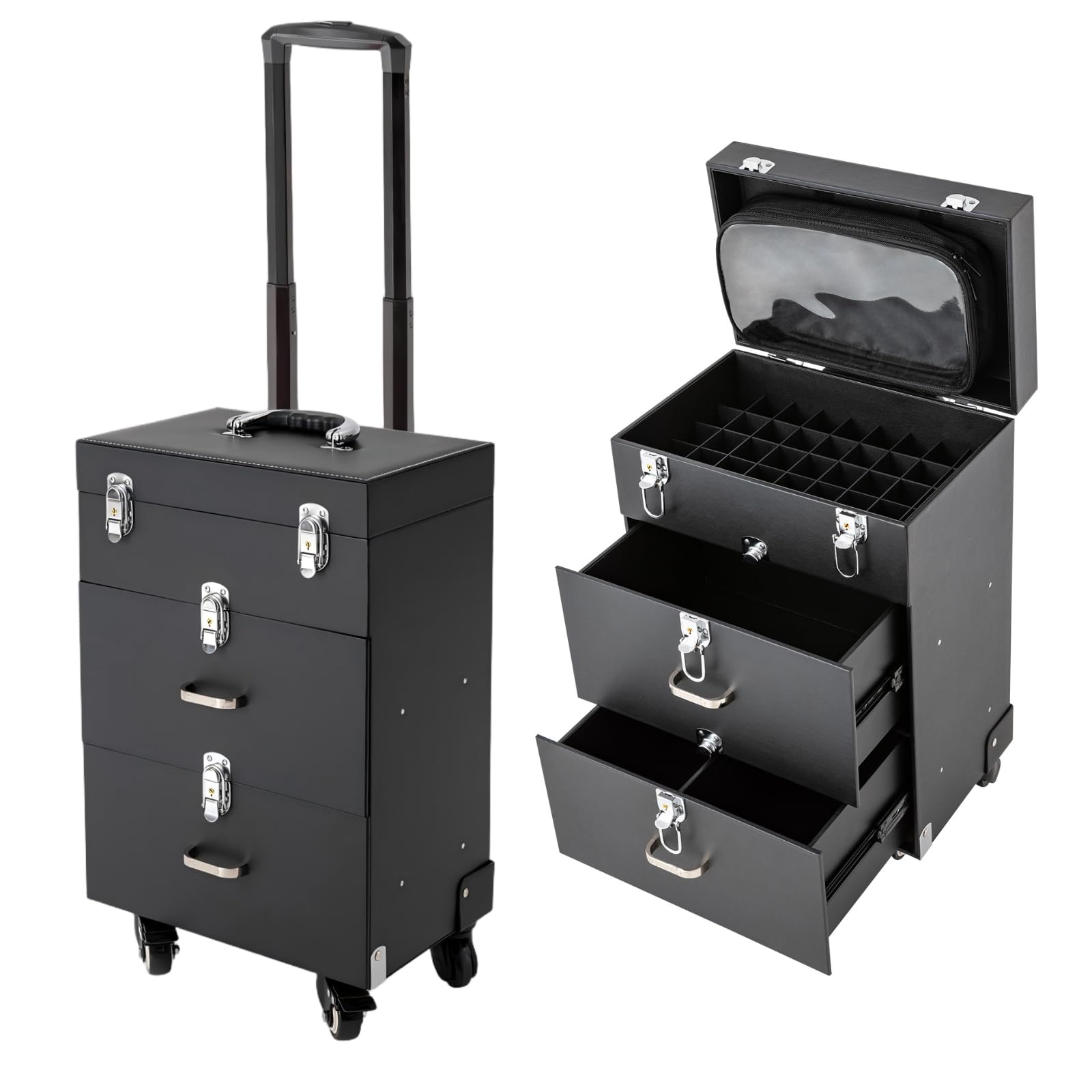 Large Makeup Trolley Case Rolling Makeup Train Case Pro with 4 Wheel Nail Polish Organizer Storage 3-Tier Trays 99 LBS Heavy-Duty for Beauty Salon