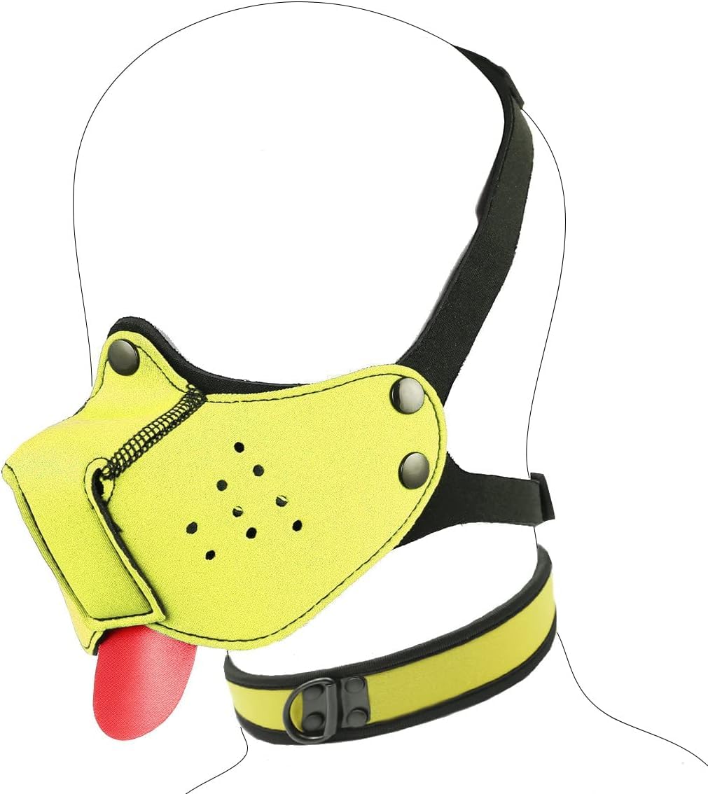 Neoprene Puppy Face Muzzle Dog Hood Mask Play Hoods Novelty Dog Head Mask with Collar (Yellow, One Size)