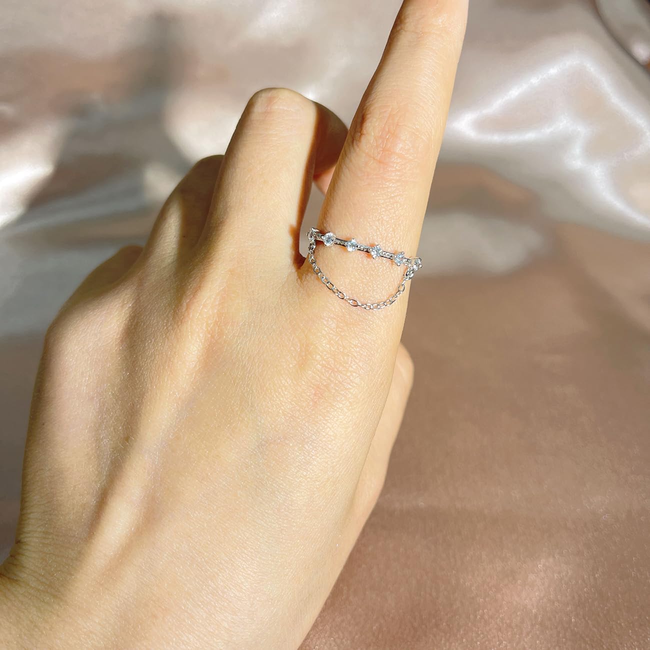 Chain Diamond Stacking Open Ring 925 Sterling Silver Cubic Zirconia Crystal Dangling Tassel Adjustable Statement Knuckle Finger Rings Wedding Engagement Promise Bands Dainty Jewelry Gifts for Women Birthday - Image 2