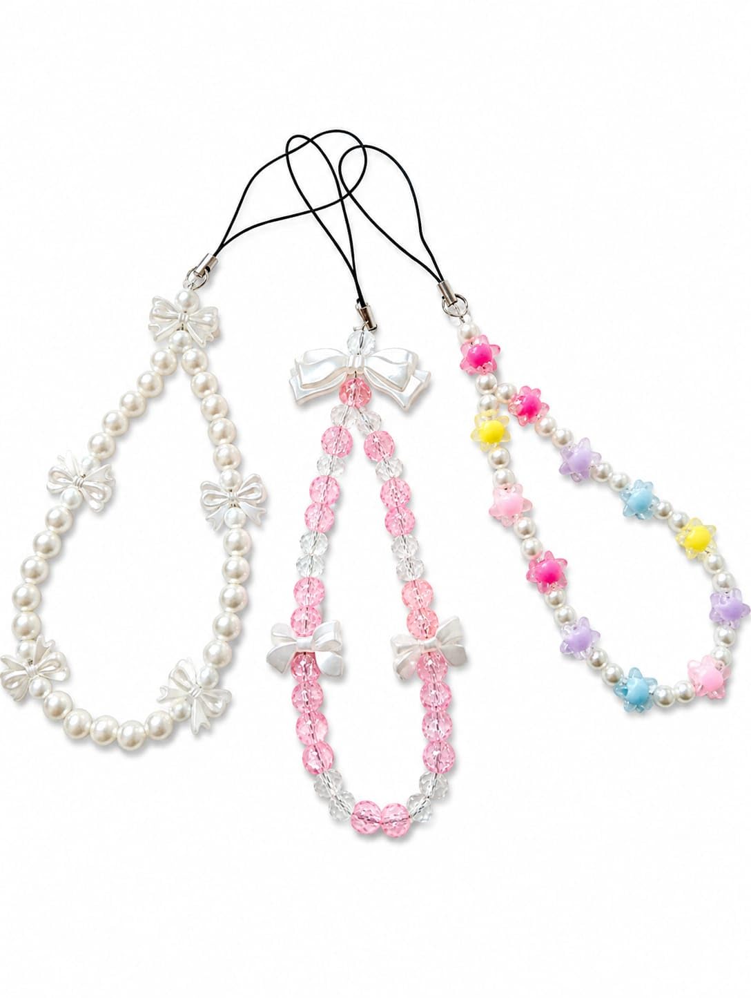 Pearl Beaded Phone Wrist Strap with Bow and Star Charms, 3 Pcs | Bow & Floral Design, Wide Compatibility, Lightweight & Durable, For Girls & Women, Pastel Multicolour-image-1