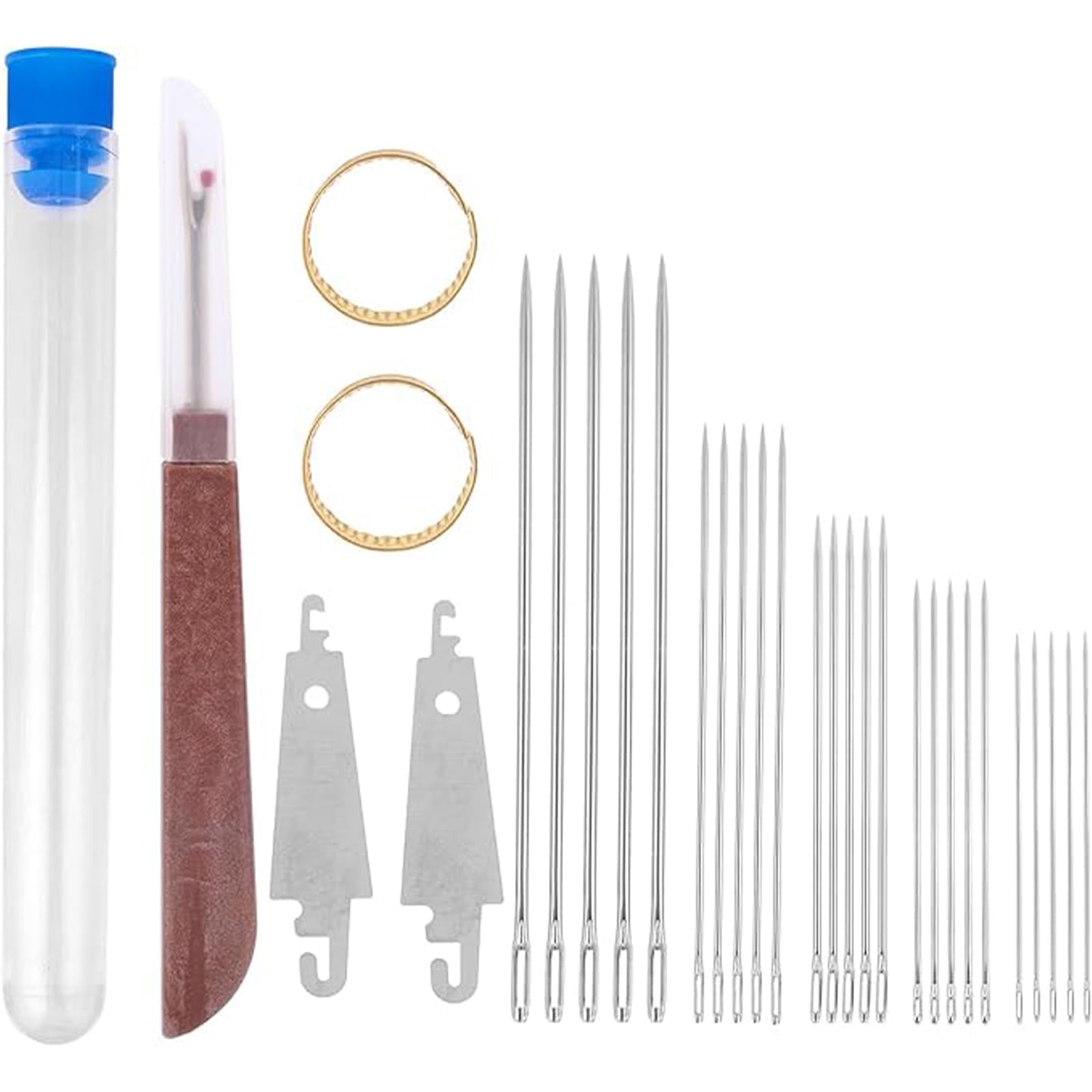 Jrteay Silver Big Eye Stainless Steel Needle Set, Needle Threaders Hand Sewing, Sewing-Needles Easy Thread, Include 25 Steel Portable Hand Sewing Needles 2 Needle Threader 2 Thimble & 1 Thread Ripper