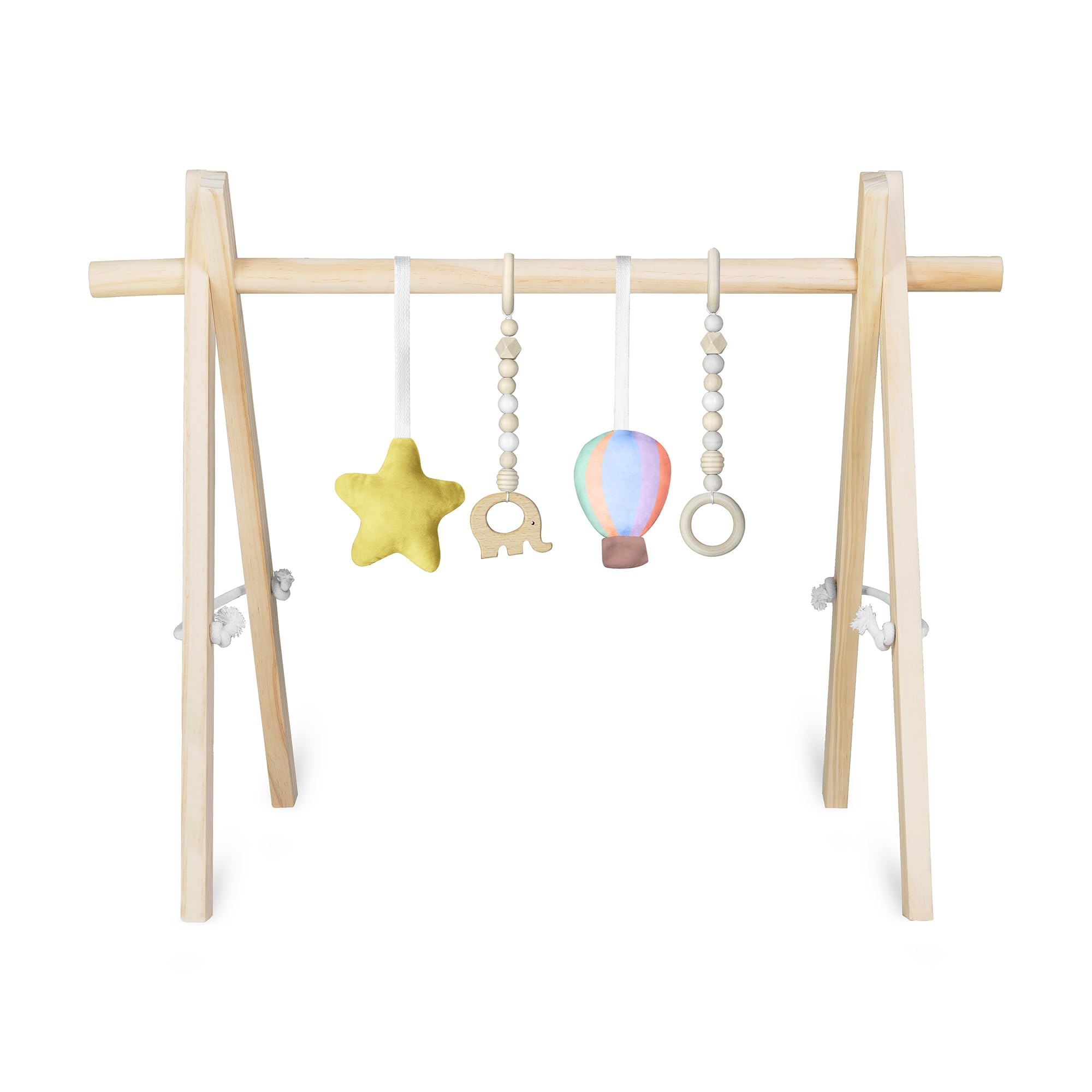 Lionelo Anis Wooden Baby Gym, Foldable Play Arch with 4 Removable Toys, Montessori Activity Gym for Sensory Development, Easy Setup, Calm Colours, Smooth Edges, Pine Wood, Gift-Ready, for Newborns, 0+