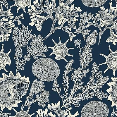 Safiyya Floral Peel and Stick Wallpaper Dark Blue Contact Paper Ocean Seaweed Conch Modern Wall Paper Self Adhesive Removable Wallpaper for Bedroom Bathroom Vinyl Roll 17.3"x 78.7"