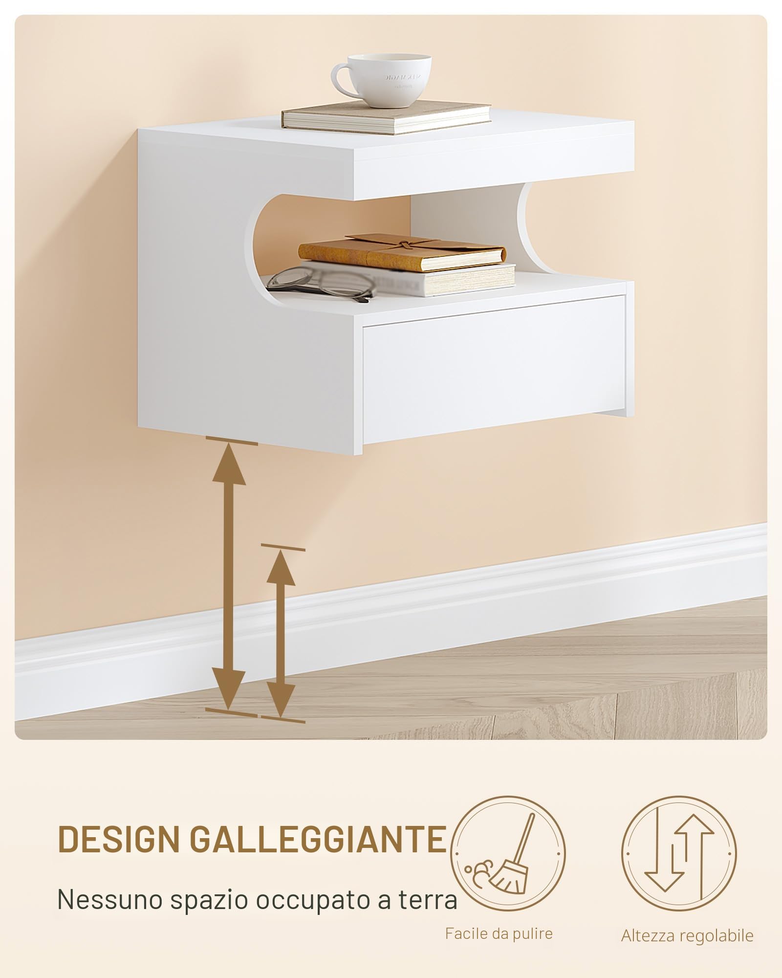 Hzuaneri Comodino Sospeso Set di 2, 1 Cassetto con Guide, Spazio Aperto a Forma di U, Moderno, per Camera da Letto Soggiorno, 30 x 40 x 29,2 cm, Bianco NS50203X