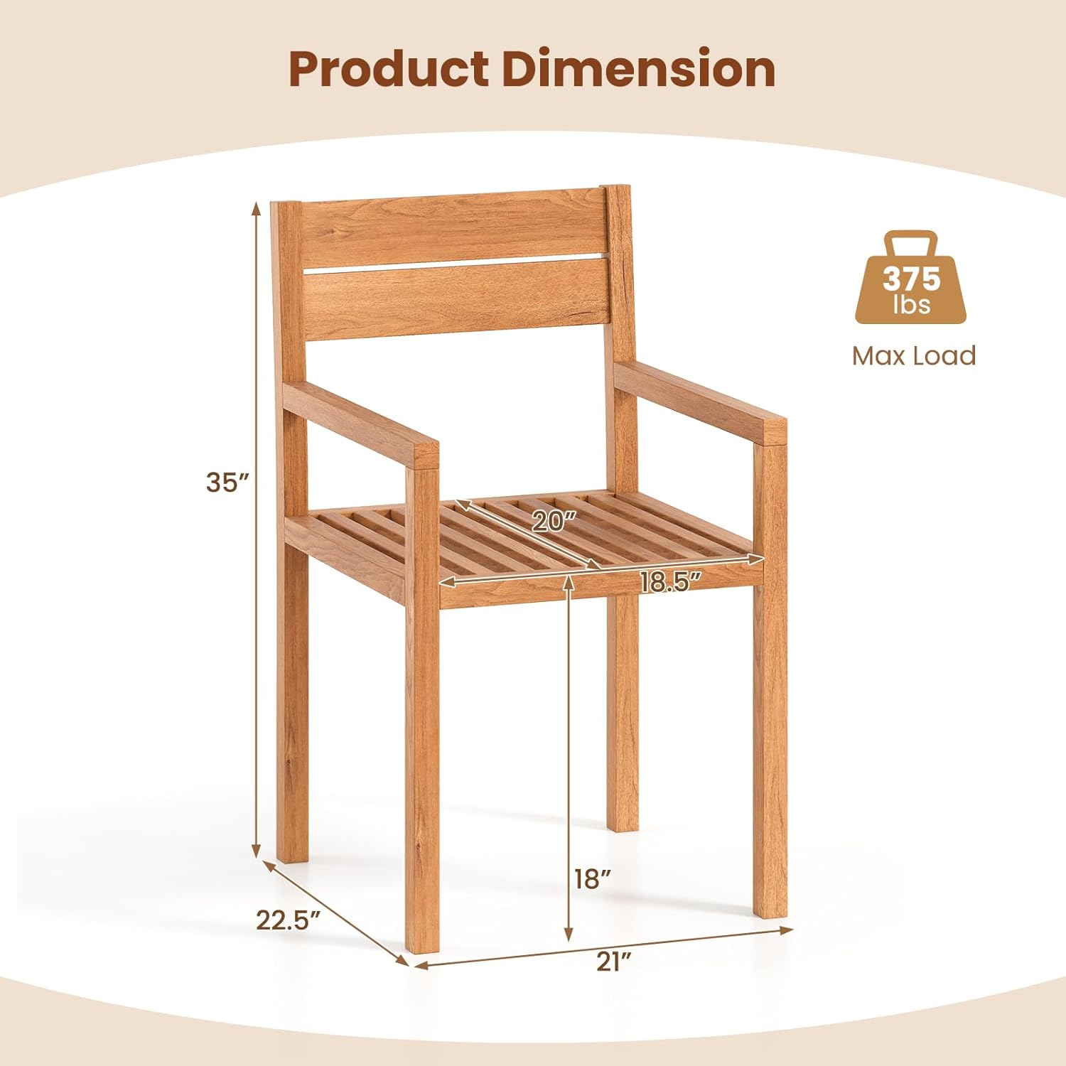 HAPPYGRILL Teak Wood Patio Dining Chair, Outdoor Wooden Furniture Armchair with Slatted Seat & Backrest, for Backyard Balcony Porch (1)
