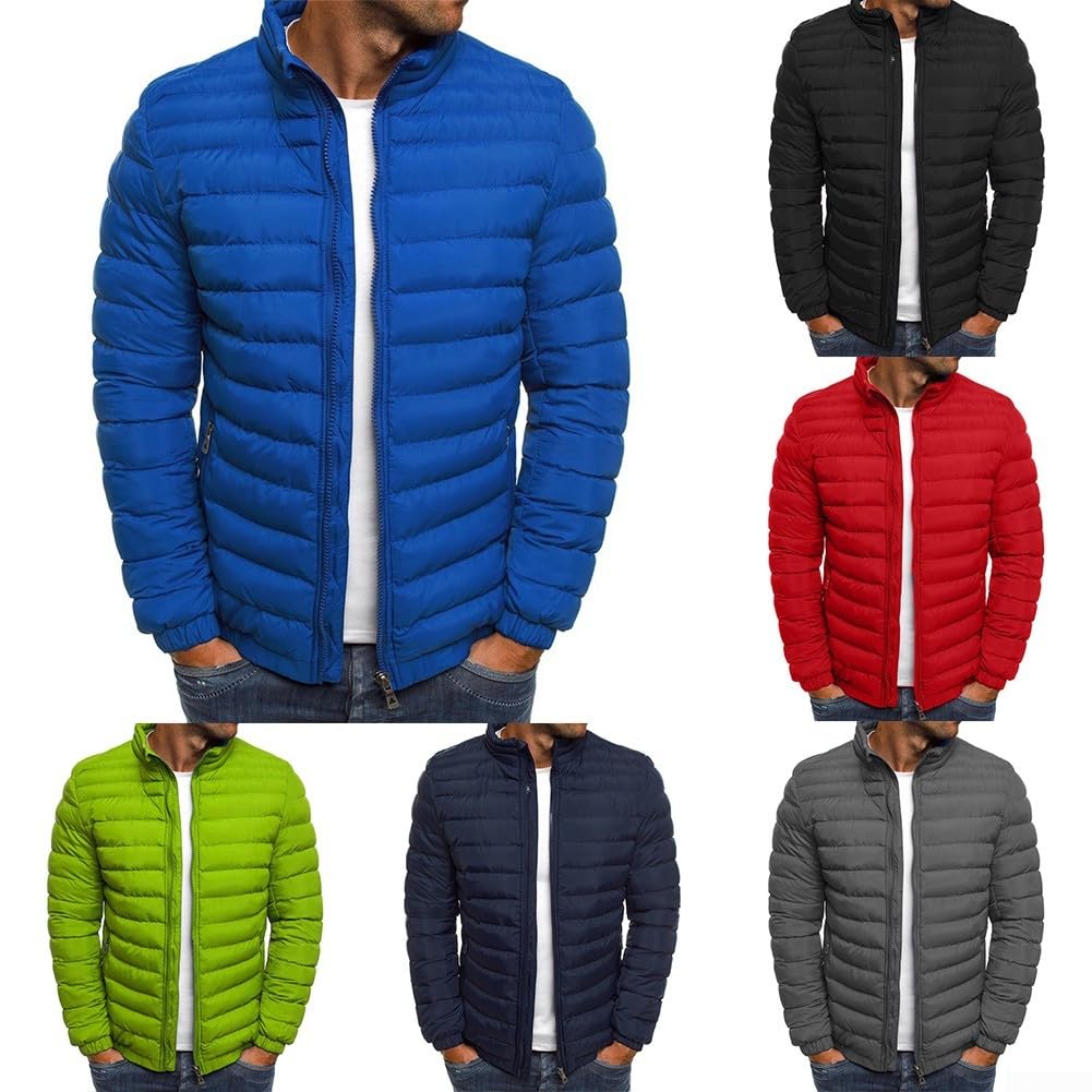 Chaqueta acolchada cálida de invierno para hombre, con cuello alto, cremallera, color sólido, portátil, acolchada, resistente al agua