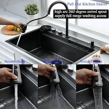33 Inch Black Waterfall Drop In Kitchen Sink with Fuacet