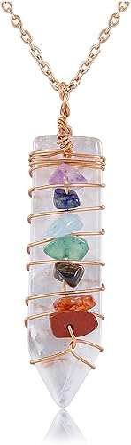 GEHECRST Collar con colgante de punto de cuarzo transparente natural reiki de 7 chakras, piedras preciosas de cristal curativo de oro rosa, alambre