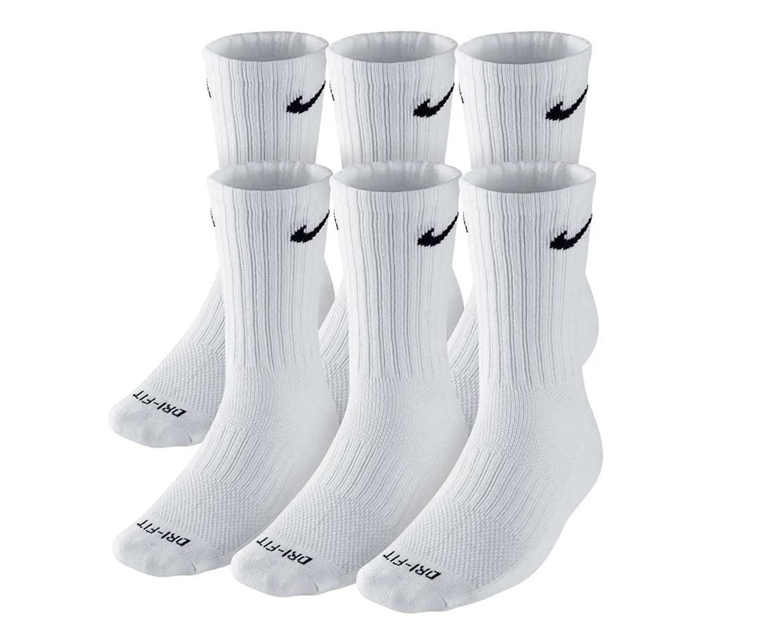 nike dri-fit cushion crew training socks 6 pair white with traditional black swoosh logo adult large 8-12 unisex