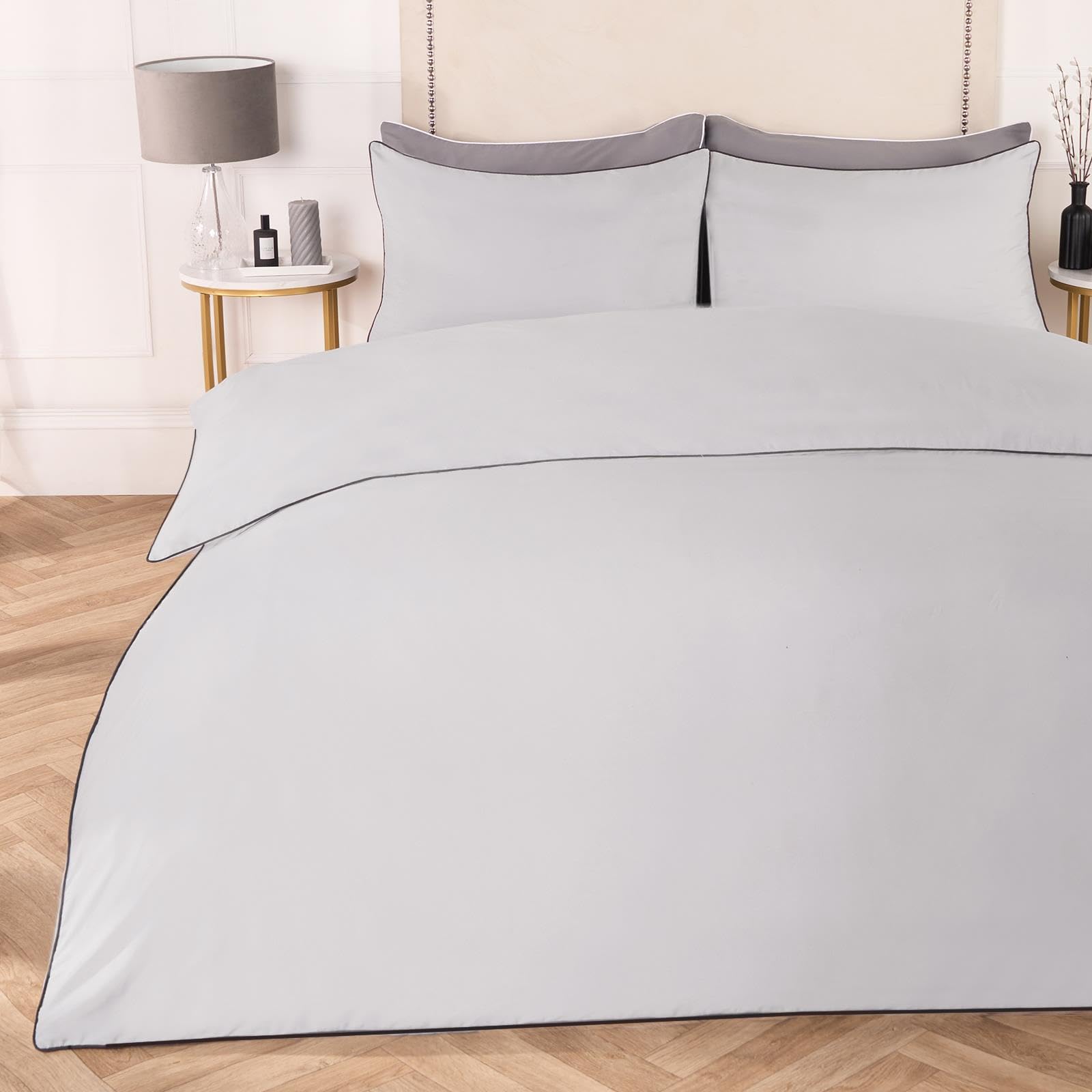 Ohs Silver/Grey Duvet Cover Set King Size Piped Edge, Soft Comfy Classic Neutral Color Black Piped Edge Microfibre King Bedding & 2 Matching Pillowcase -King