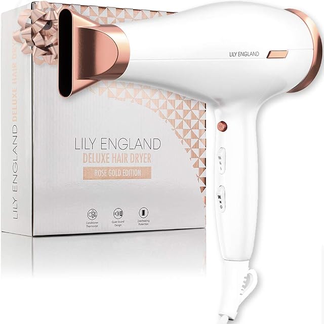 Hair Dryer, Lightweight Hairdryer for Women - with Adjustable Temperature, Speed Control, Cool Setting - by Lily England (UK Plug) (Rose Gold)