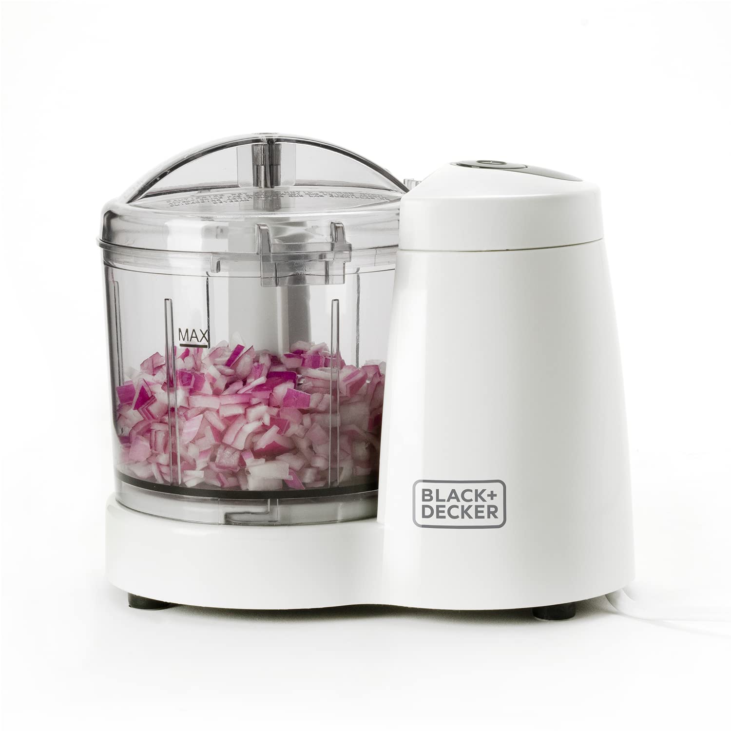 BLACK+DECKER BXCH120E - Tritatutto, 120 W, ciotola in plastica da 350 ml, 1 velocità, coperchio con chiusura di sicurezza, lame in acciaio inossidabile, facile utilizzo e pulizia, bianco/grigio