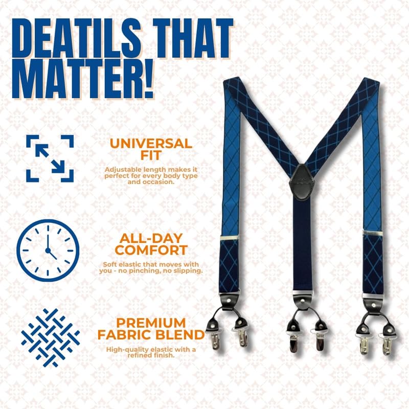 Image of The Tie Hub Suspenders for Men | Slim Clip-On Y-Back Elastic Braces | Adjustable 1.25 Inch | Formal Wedding Office