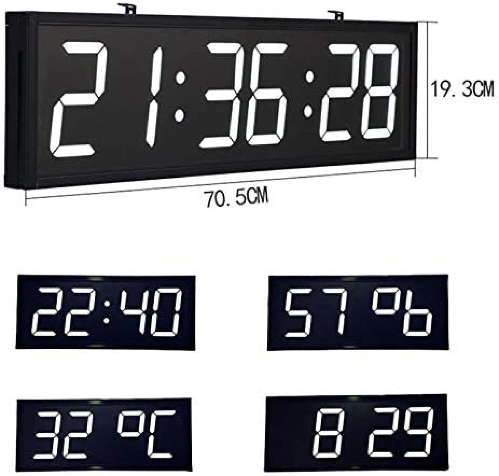 Reloj digital LED para gimnasio con control remoto, cronómetro, alarmas, temporizador, humedad y temperatura, reloj de pared de gran tamaño de 27,8 x 7,6 pulgadas para oficina, casa, lugar público