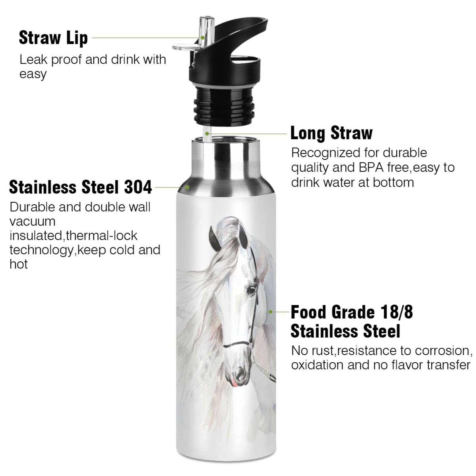 Mnsruu 20 Oz Water Bottle with Straw White Horse Stainless Steel Water Bottle for Traveling Sports Leakproof Insulated Water Bottle - Image 3