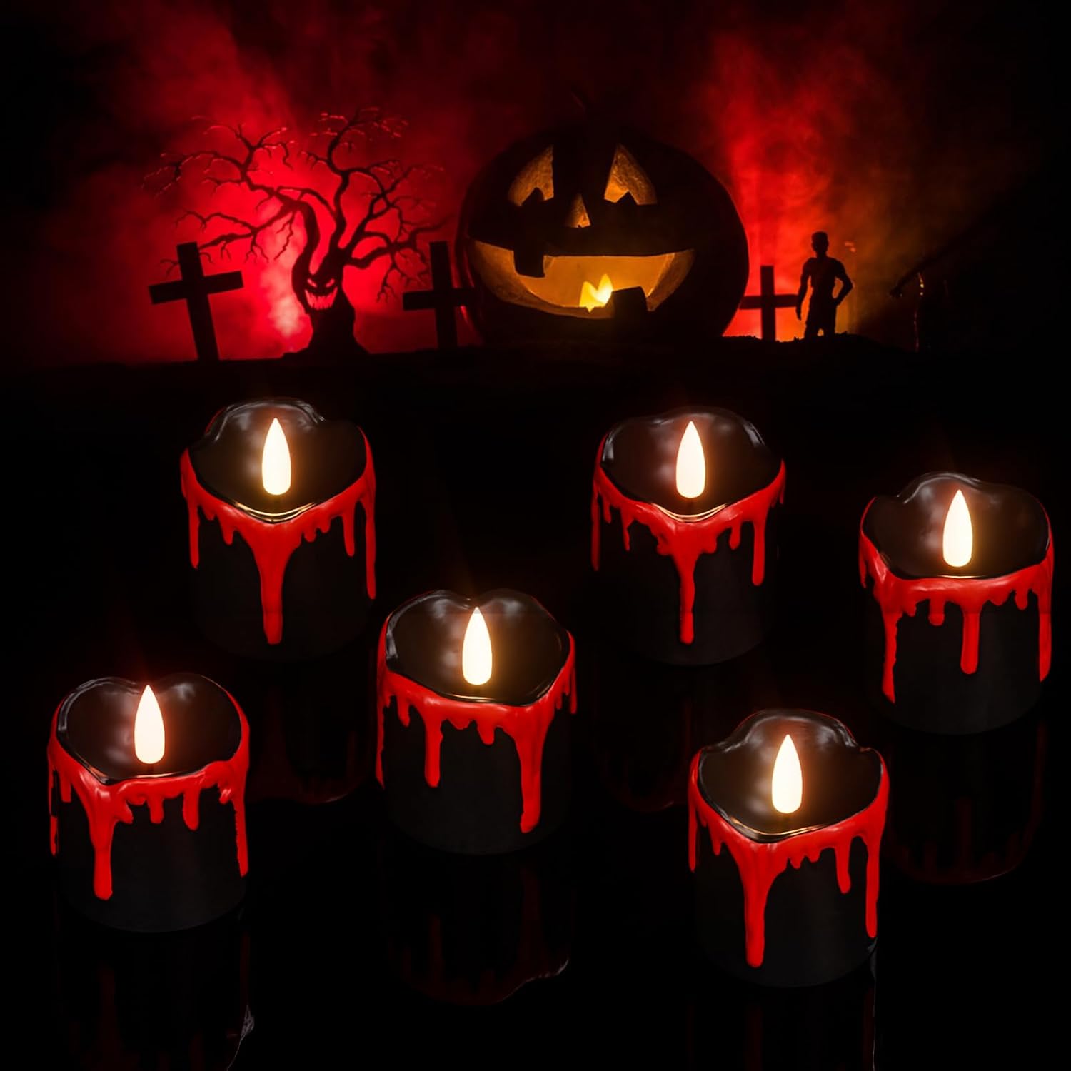 DRomance Black Flameless Votive Candles Battery Operated with Timer, 350 Hours Blood Dripping Small Real Wax Flickering LED Tea Light Candles Dinner Fall Halloween Decoration Lights(6 Pcs, 2" x 2.2")