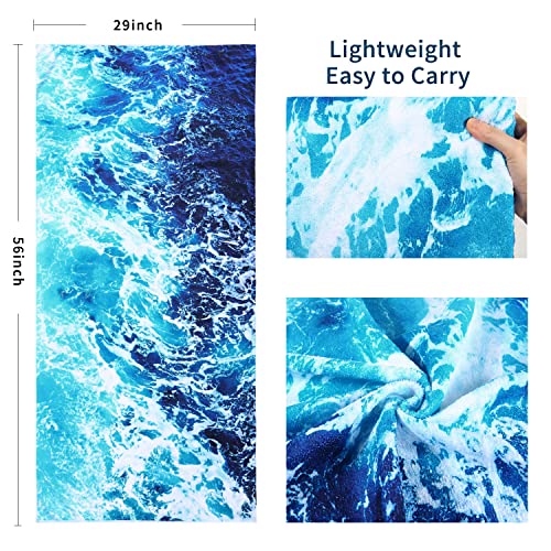 Large Beach Towel Womens Mens Sea Wave Blue Microfiber Beach Towels Oversized Quick Dry Sand Free Proof Absorbent Lightweight Beach Blanket Bath Towel Swim Sport Travel Pool Towels,56"X 29"-Sea Wave #TOP1