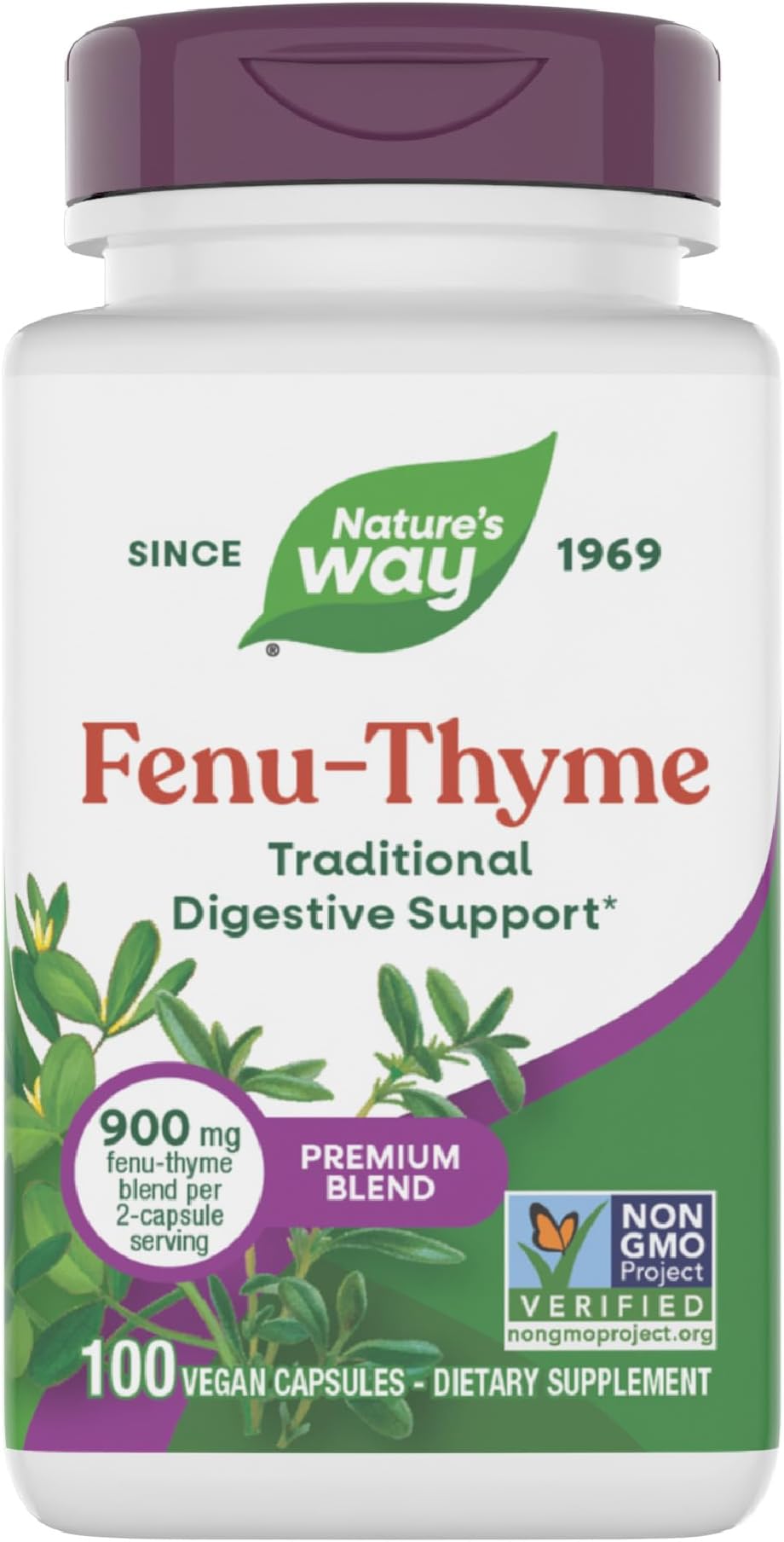Fenu-Thyme - Traditional Digestive Support Blend* - 900 mg of Thyme & Fenugreek per 2-Capsule Serving - Non-GMO Project Verified & Dairy Free - 100 Vegan Capsules
