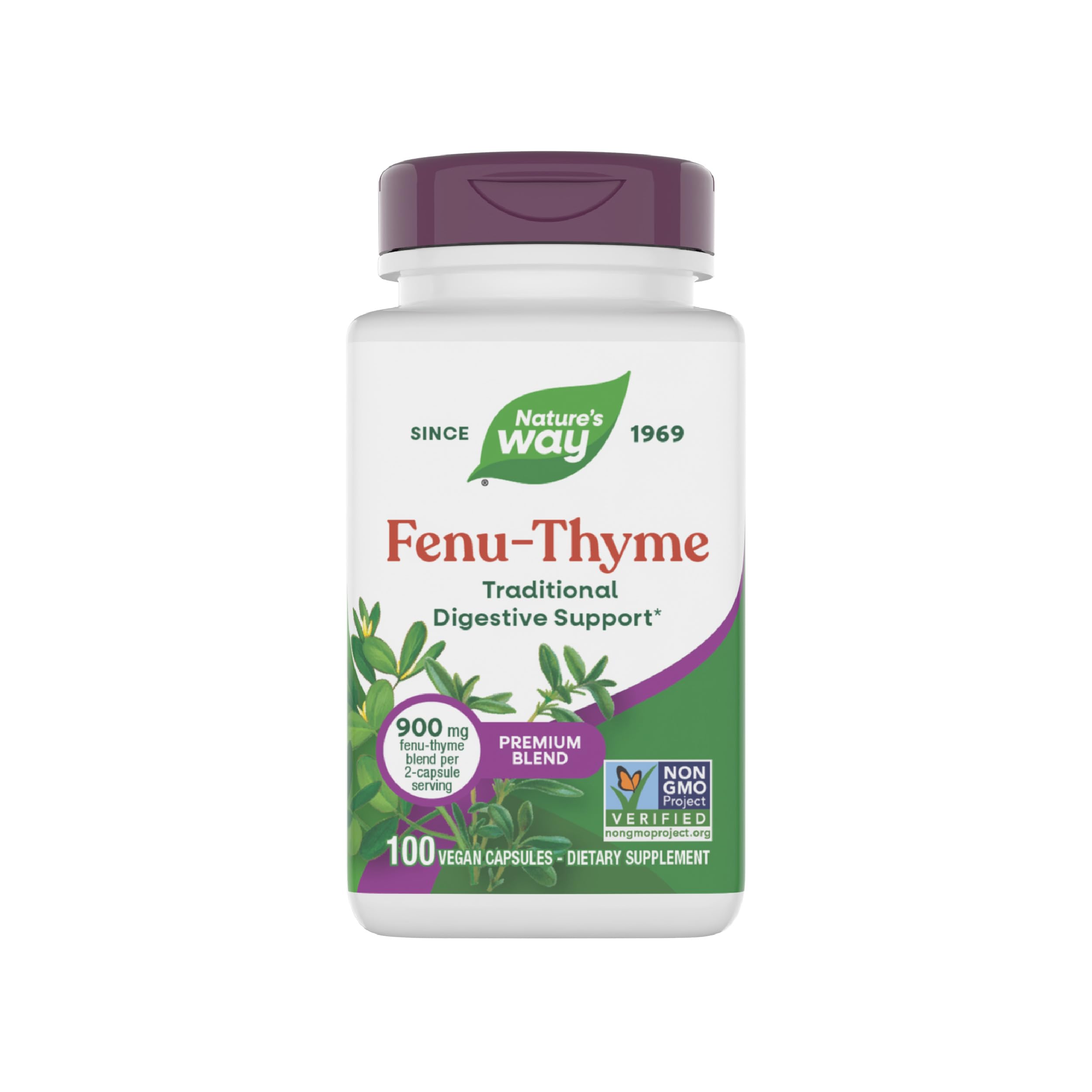 Fenu-Thyme - Traditional Digestive Support Blend* - 900 mg of Thyme & Fenugreek per 2-Capsule Serving - Non-GMO Project Verified & Dairy Free - 100 Vegan Capsules