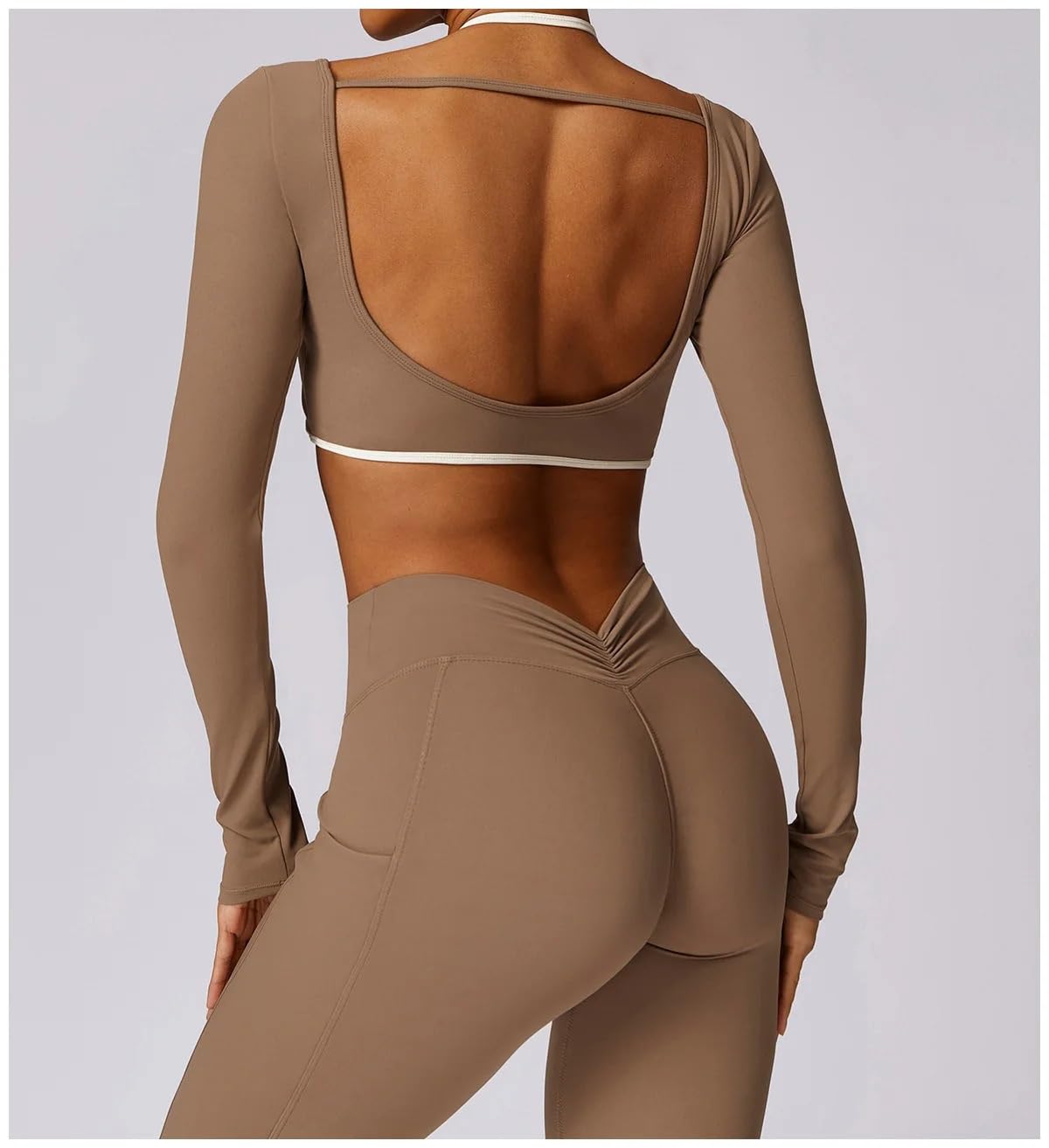 KM Damski dres do jogi, zestaw, trening, odzież sportowa, odzież na siłownię, fitness, długi rękaw, krótki top, legginsy z wysokim stanem, garnitury sportowe