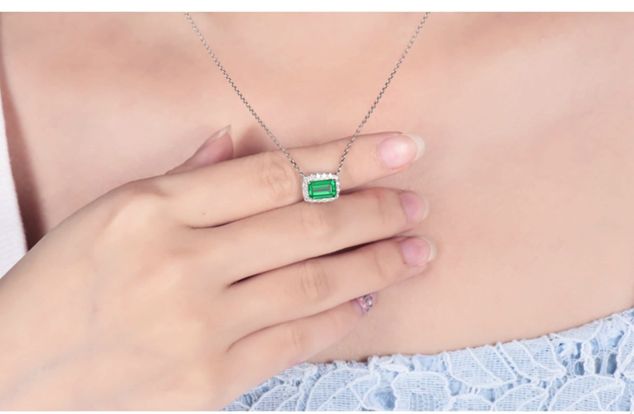 18K Weißgold Halskette, Frauen 1CT Labor Emerald mit 0,21CT Moissanit Anhänger Schmuck Halskette Kette 18 Zoll Länge 18 Zoll