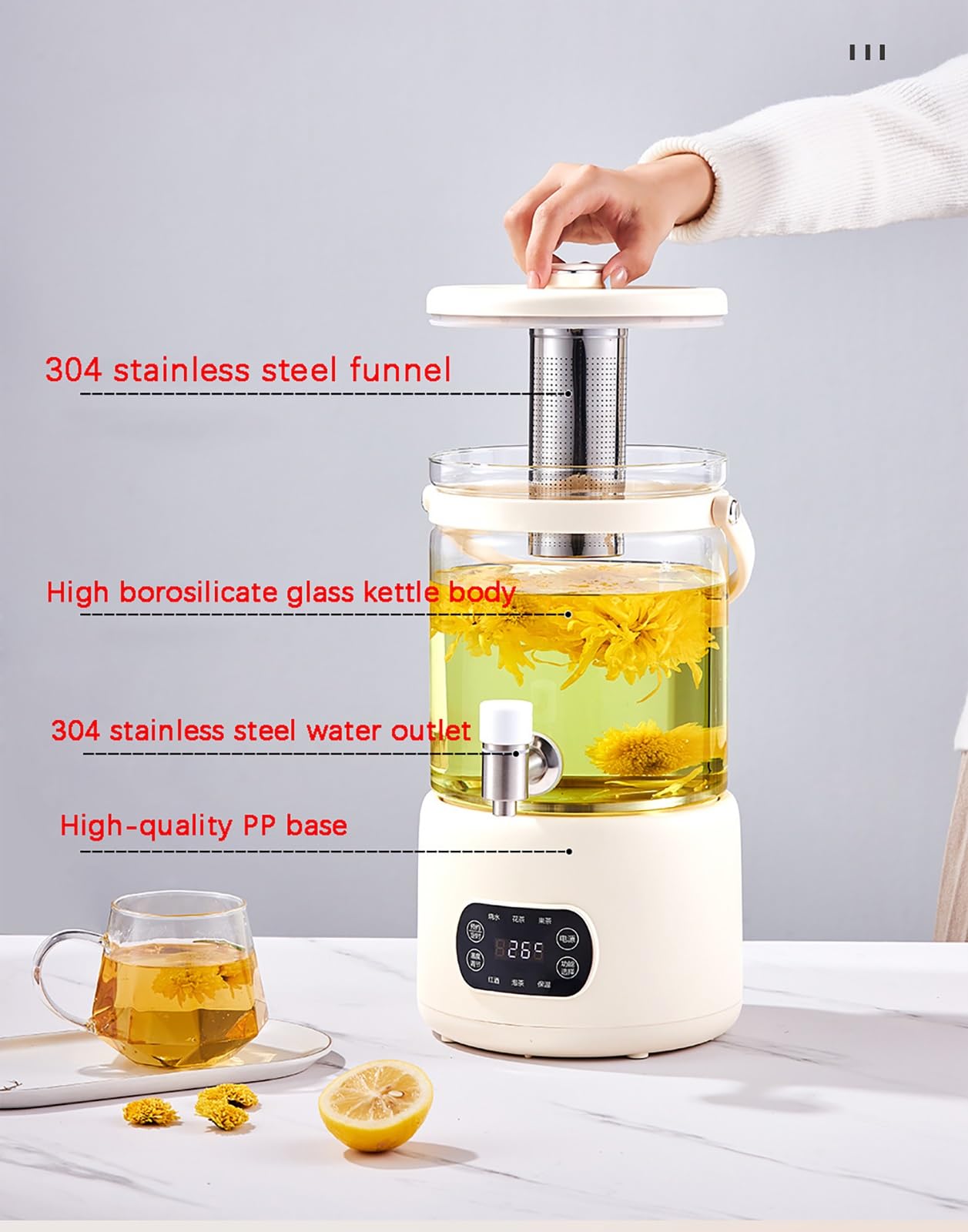 Hervidor eléctrico vidrio 3 l pantalla táctil, temperatura ajustable 40 a 90 °C, tetera hierbas borosilicato alto rendimiento retención calor 24 horas e infusor desmontable.