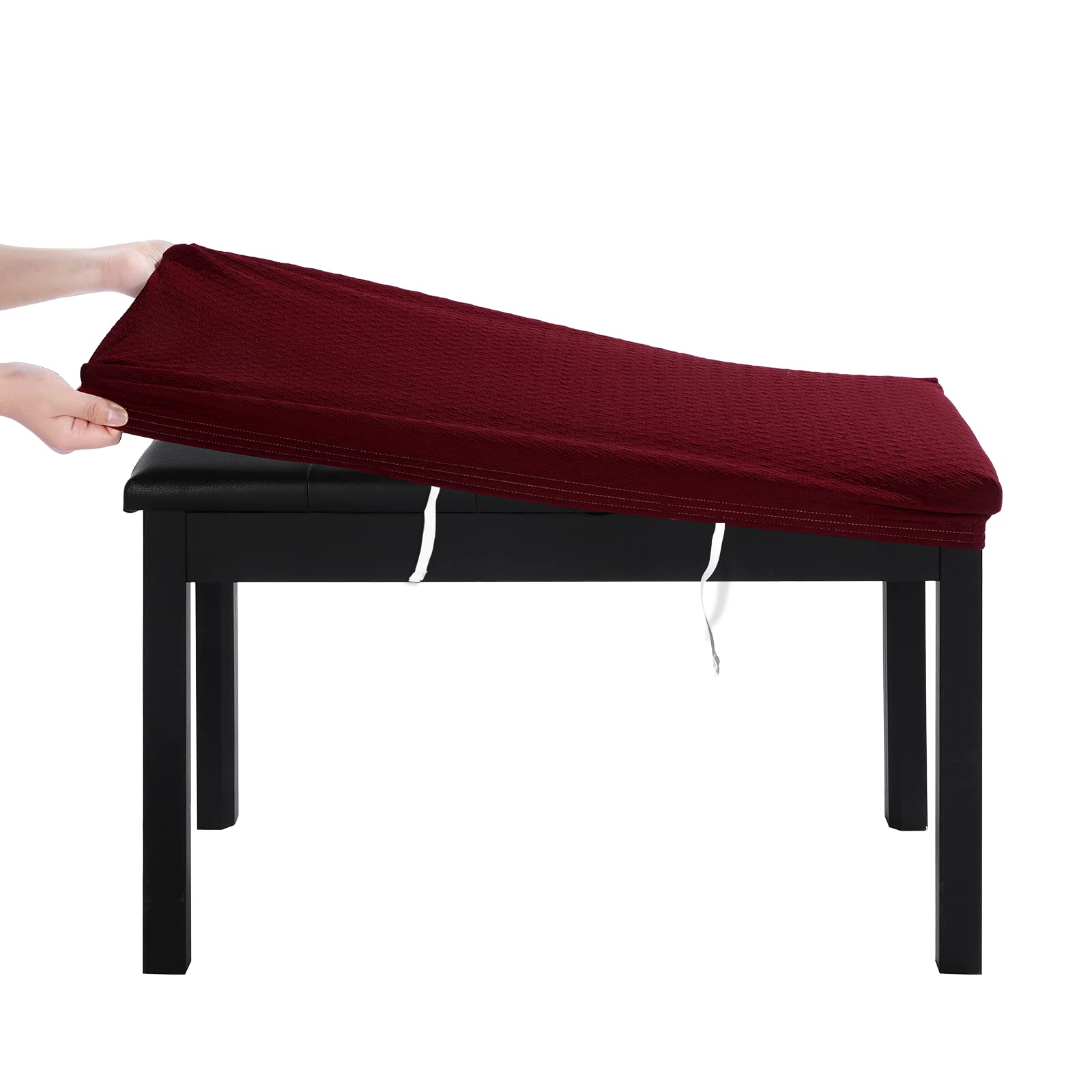 BUYUE Luxury 2-Person Piano Bench Cover, (27.7"- 37") Lx (12"- 16") W Stretch Jacquard Washable Rectangle Footstool Slipcover (M, Burgundy)