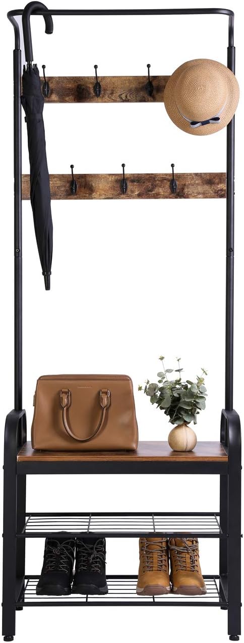 Sunnyglade Vintage Coat Rack Shoe Bench, Hall Tree Entryway Storage Shelf, Wood Look Accent Furniture Metal Frame, 3 in 1 Design, Easy Assembly : Home & Kitchen