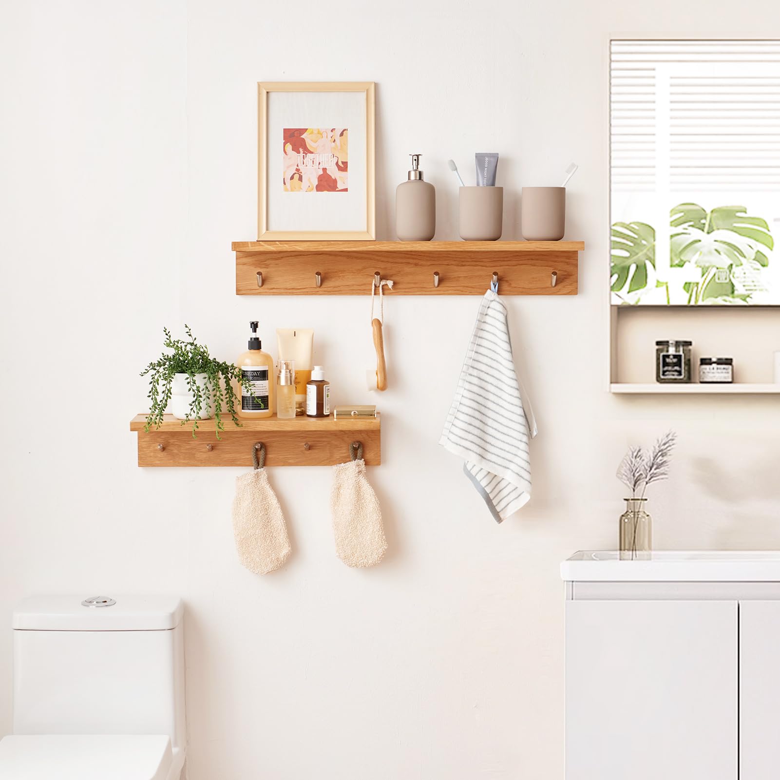 Garderobenleiste Holz 50cm, Garderobenhaken mit 5 Haken Wandgarderobe mit Ablage Schlüsselbrett mit Ablage Wandregal Eiche Schweberegal Wand für Schlafzimmer, Wohnzimmer, Küche, Mäntel