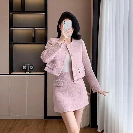 Tweed No Collar Short Cropped Jacket Long Skirt Set (2色) Amazon.com: Women's Tweed 2-Pcs Set Round Neck Jacket A-Line