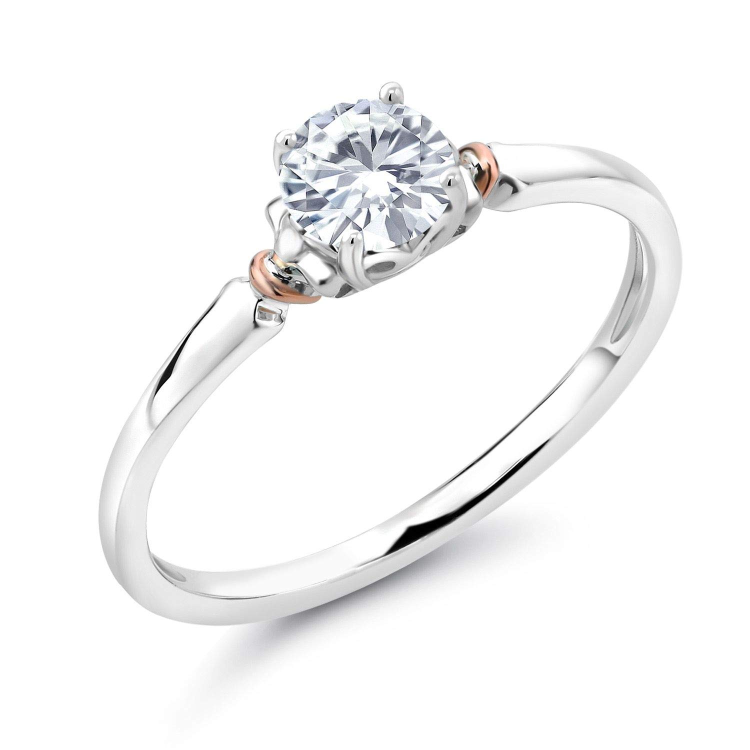925 Sterling Silver and 10K Rose Gold White Moissanite from Charles & Colvard Solitaire Engagement Ring For Women (0.50 Cttw, Gemstone, Round 5MM, Available In Size 5, 6, 7, 8, 9)